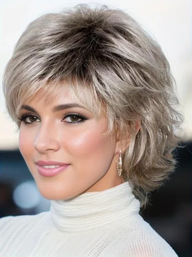 Miniatura 11 de TISHINING Pelucas Rizadas Cortas de Corte Pixie Ombre Rubias para Mujeres Blancas Peluca Rubia Mixta Esponjosa en Capas con Flequillo de Aspecto