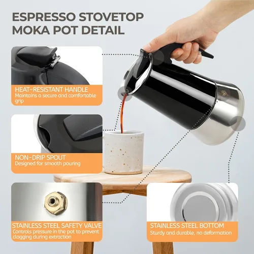 Miniatura 4 de 2 Cup 100ml Moka Pot Stainless Steel Espresso Coffee Maker Stovetop Coffeemaker Italian Classic Style Brewing Greca Cafe Mocha Machine for Cafeteras