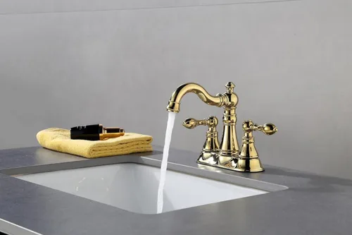 Miniatura 8 de Llave de baño de latón pulido de dos asas de 3 agujeros con conjunto de drenaje emergente, llave de lavamanos clásico de 4 pulgadas con caño