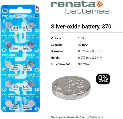 Miniatura 2 de Renata 370 SR920W Baterías – 1.55 V Óxido de Plata 370 Batería de reloj (2 unidades)