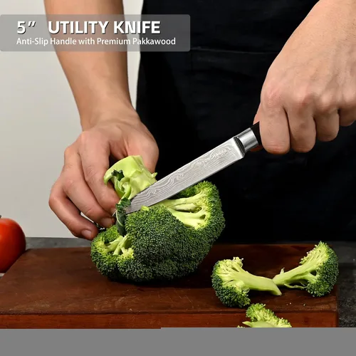 Miniatura 7 de Juego de cuchillos de chef de cocina profesional, Razor Sharp de acero alemán de alto carbono, 3 piezas, mango ergonómico de madera de Pakkawood