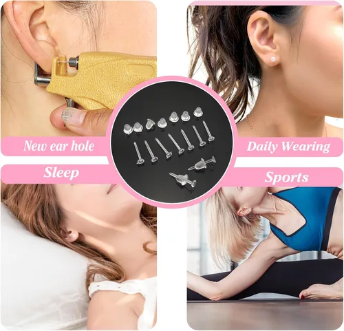 Miniatura 7 de TOAOB - 100 pares de aretes de plástico invisible de 0.118 pulgadas para tachuelas, pequeños hallazgos de cabeza con parte trasera de silicona