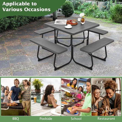 Miniatura 8 de Giantex Juego de mesa de picnic para 8 personas, mesa cuadrada para exteriores con agujero para paraguas, parte superior de polietileno de alta