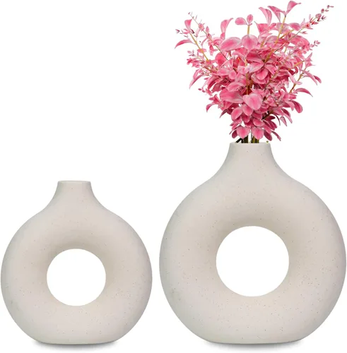 Juego de 2 jarrones de cerámica blanca, decoración minimalista nórdica moderna para el hogar, mesa de comedor y estantes (tamaño grande y mediano)