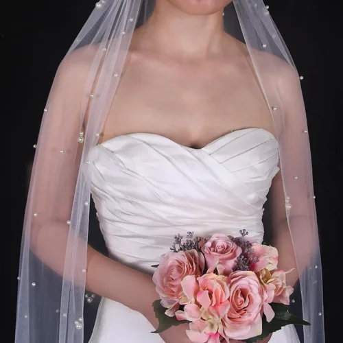 Miniatura 3 de Mopmap 1 nivel nupcial velo de novia perla capilla longitud tul accesorios para el cabello con peine