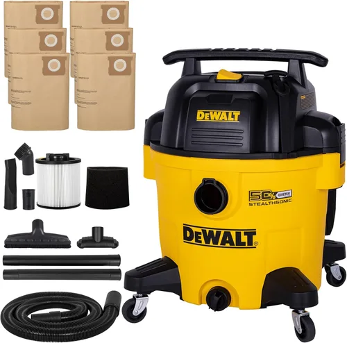 DEWALT Aspiradora en húmedo y en seco Stealthsonic de 10 galones, 5 HP Ultra-Silenciosa con Kit de Accesorios Completo y 6 Bolsas de Polvo Extra,