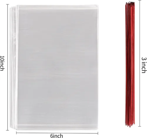 MoloTAR 200 bolsas de celofán transparentes de 10 x 6 pulgadas (1,4 mil) con cinco lazos de colores aleatorios, ideales para panadería, galletas,