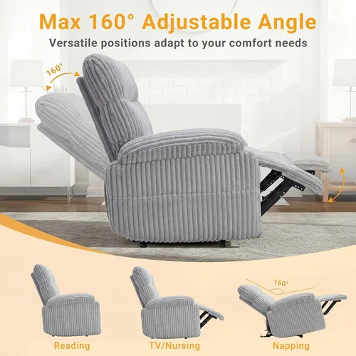 Miniatura 7 de Claiks - Silla reclinable eléctrica de gravedad cero, de pana, color gris Gravedad cero, ajustable, eléctrico, bolsillo lateral