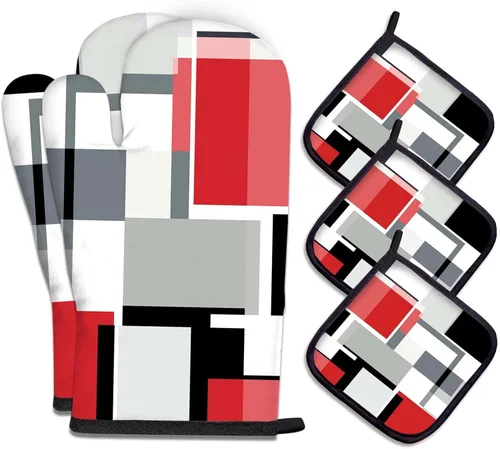 Miniatura 25 de MCALK Juego de 5 piezas de manoplas de horno geométricas grises y agarraderas, guantes de horno grises y almohadillas térmicas para cocinar