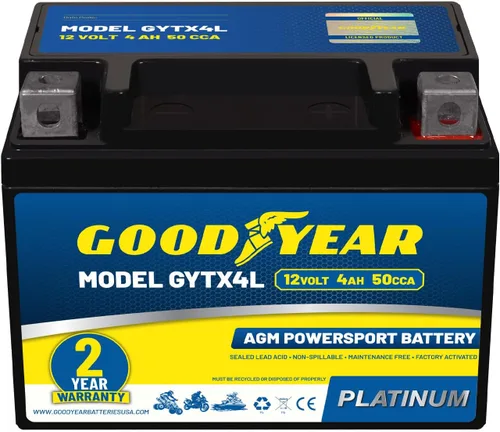 Goodyear GYTX4L - Batería AGM de 12 voltios 4 AH, 50 CCA, recargable de alto rendimiento, sin mantenimiento, SLA - AGM para motocicleta, ATV, UTV, 4