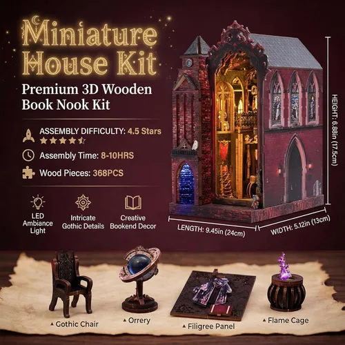 Miniatura 4 de Kit de rincón de libros, kit de manualidades de casa de muñecas en miniatura DIY para adultos y adolescentes, rompecabezas de madera 3D mágico