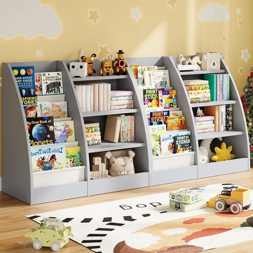 Miniatura 13 de Estantería para niños de 4 niveles, estante de 4 capas para habitaciones de niños, estantería de madera XXL para niños, estante de almacenamiento