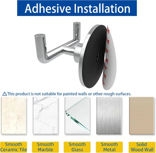 Miniatura 5 de Ruacq Gancho doble adhesivo para toallas, base redonda cromada, bata de baño, soporte para toallas de mano, acero inoxidable y aleación de zinc