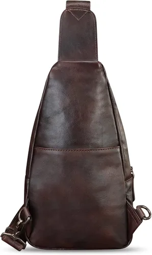 Miniatura 7 de Bolso de cuero genuino para mujeres y hombres, mochila bandolera de cuero real para el hombro, bolso cruzado en el pecho, Café