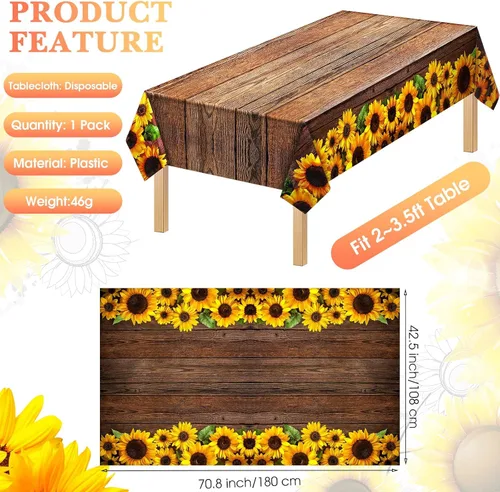 Miniatura 2 de Tegeme 1 mantel desechable con diseño de girasol de 42.5 x 70.8 pulgadas, mantel rectangular de plástico rústico vintage de grano de madera