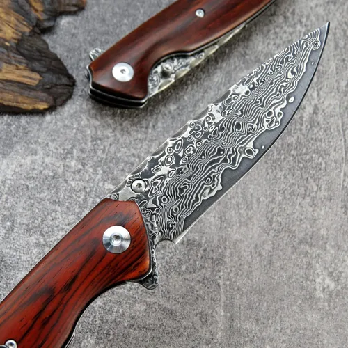 Miniatura 5 de Sitivien ST240 EDC Cuchillo plegable de acero Damasco con mango Dalbergia, bloqueo de hoja de núcleo VG10 y clip para cinturón, cuchillo de 240D