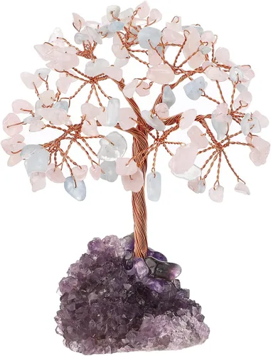 Miniatura 20 de mookaitedecor Árbol de cuarzo rosa natural, cuarzo de roca y cristal citrino con base de cristal de racimo de amatista, figuras de árbol de dinero