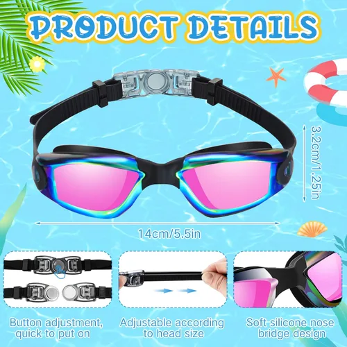Miniatura 2 de Flutesan Paquete de 3 gafas de natación sin fugas, de silicona, antivaho con clip para la nariz, tapones para los oídos para adultos y niños, 3