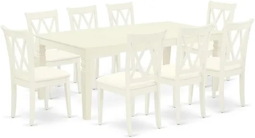 East West Furniture LGCL9-LWH-C Juego de mesa de comedor moderno de 9 piezas, incluye una mesa rectangular de madera con hoja de mariposa y 8 sillas