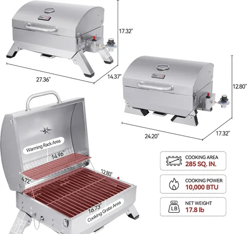 Miniatura 4 de Royal Gourmet GT1001 Parrilla portátil de acero inoxidable, 10000 BTU Parrilla de gas de mesa para barbacoa con patas plegables y tapa