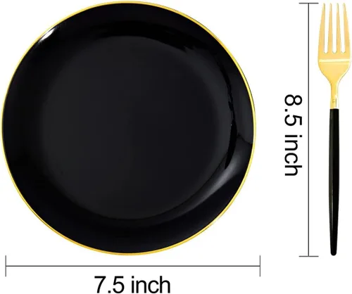 Miniatura 4 de I00000 Juego de 144 platos de postre negros y dorados, incluye 72 platos de plástico negro y dorado de 7.5 pulgadas y 72 tenedores desechables