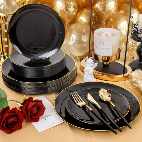 Miniatura 9 de 150 piezas de platos de plástico negros, platos negros y dorados, cubiertos de plástico dorados, juego de vajilla negro y dorado, vajilla de calidad