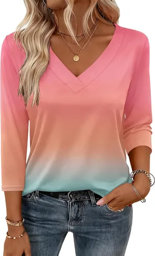 Miniatura 5 de Zeagoo Camisetas de manga 3/4 para mujer, cuello en V, blusa casual elegante, camisetas básicas 2026, ropa de moda S-2XL