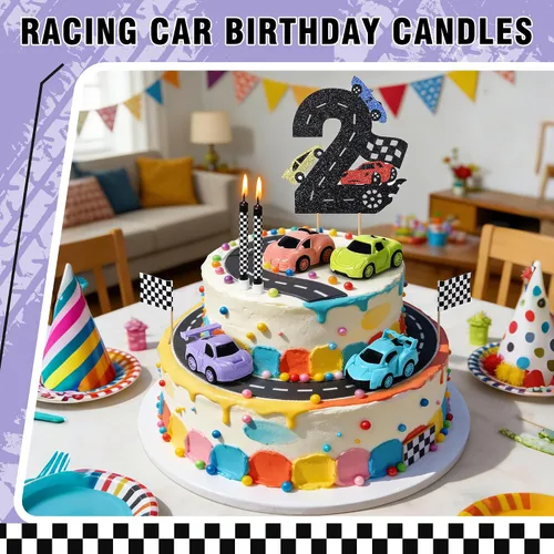 Miniatura 3 de Decoración para tartas de auto de carreras, 15 piezas, decoración de cumpleaños de autos de carreras, velas de cumpleaños falg a cuadros