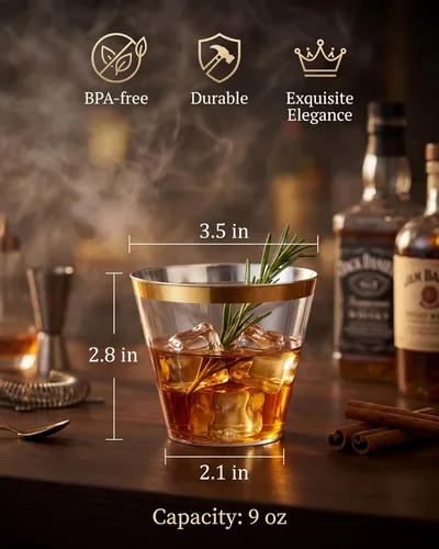 Miniatura 3 de Nervure 120 vasos de plástico dorados – Vasos de plástico con borde dorado de 9 onzas – Taza transparente desechable resistente con borde dorado
