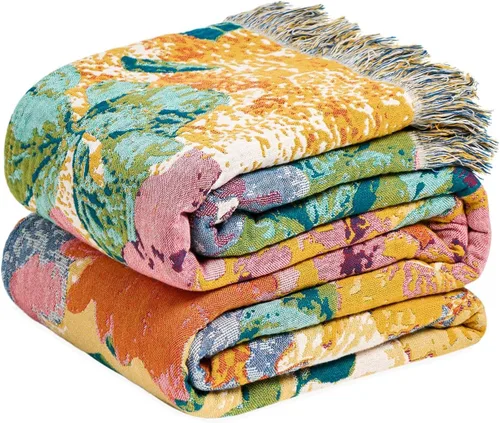 Miniatura 42 de MSGKV Manta de Tiro 100% Algodón para Cama Sofá Otoño 90''x 98'' Mantas de Muselina Súper Suaves Cálidas Colcha Bohemia Ligera Mantas Decorativas