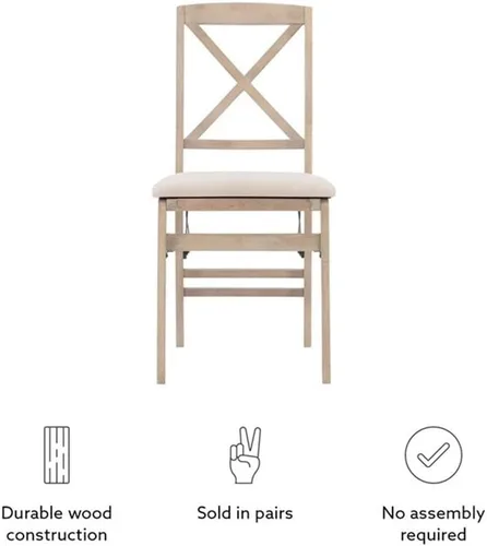 Miniatura 9 de MAKLAINE Juego de dos sillas plegables X-Back, asiento acolchado en madera blanqueada