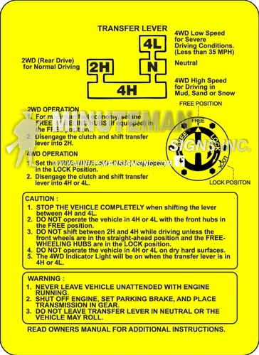| Tarjeta de instrucciones Suzuki Samurai 4WD (Lifetime) Transferencia Case Shifter Instrucciones al aire libre polietileno de grado (Amarillo)