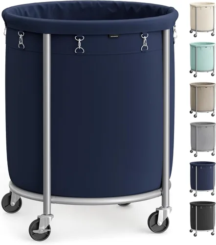 Miniatura 17 de Songmics – Cesta de lavandería de 29 galones (110 L) con ruedas, carrito rodante resistente redondo con marco de acero y bolsa extraíble, 2 ruedas