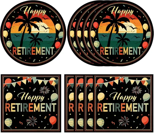 Miniatura 14 de Juego de 40 piezas de vajilla desechable para fiestas de jubilación para hombres y mujeres, color negro y plateado, incluye platos de jubilación