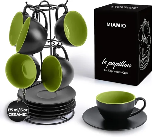 Miniatura 10 de MIAMIO - Juego de 6 tazas de capuchino apilables de cerámica / tazas de capuchino de 6 onzas y platillo con soporte de metal para bebidas de café