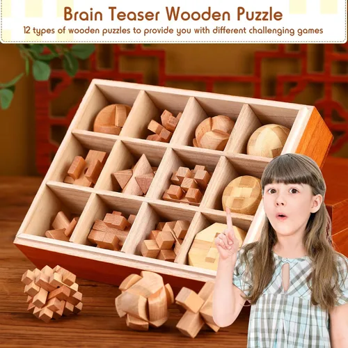 Miniatura 2 de Juego de 12 rompecabezas de madera para el cerebro, juegos educativos 3D rompecabezas de madera, rompecabezas de lógica IQ desafiantes para adultos