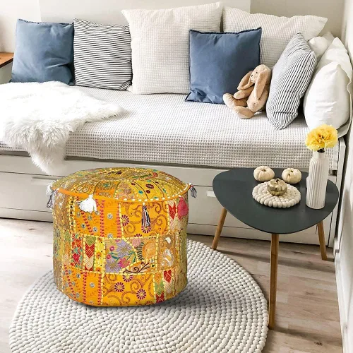 Miniatura 2 de Puf indio con reposapiés – Funda de puf otomano bordada étnica – Puf redondo de algodón – Amarillo, 22 x 14 pulgadas