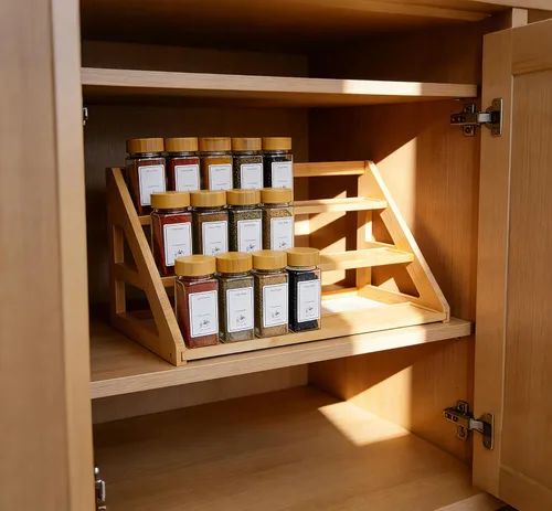 Miniatura 2 de Organizador de estante de especias de nivel de bambú: Organizador de tarros de especias de encimera de armario de cocina de 17.5 pulgadas de ancho