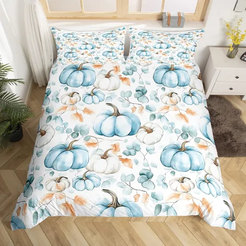 Miniatura 35 de Erosebridal Juego de funda de edredón individual de pavo de Acción de Gracias, juego de ropa de cama de calabaza y hojas de otoño para niños