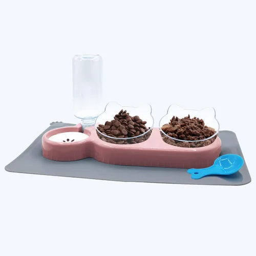 Miniatura 9 de Cuencos triples para gatos con dispensador de agua, juego de cuencos para agua y alimentos para mascotas con alfombrilla antideslizante, cuencos