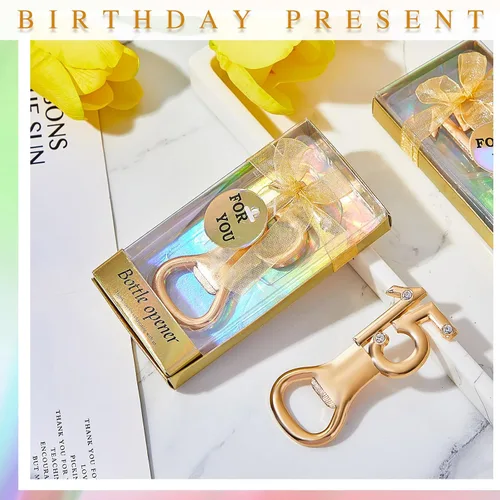 Miniatura 3 de Suclain 36 piezas de recuerdos de fiesta de quinceañera, regalos de fiesta de cumpleaños de 15 años, abrebotellas doradas con caja de regalo