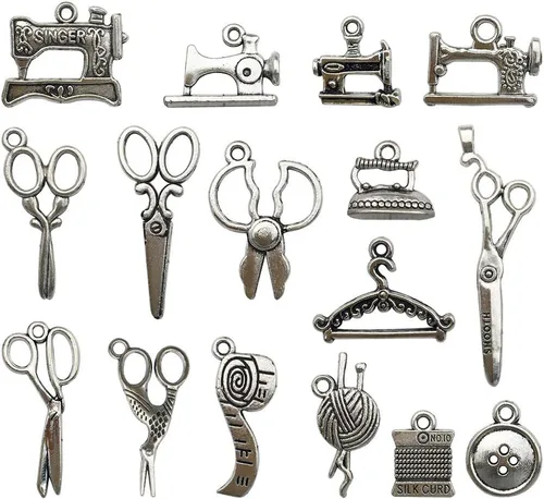 Youdiyla Colección de 68 dijes de costura plateados, mezcla de hilo de tijera antiguos, hilo de tijera, colgante, suministros de metal, hallazgos