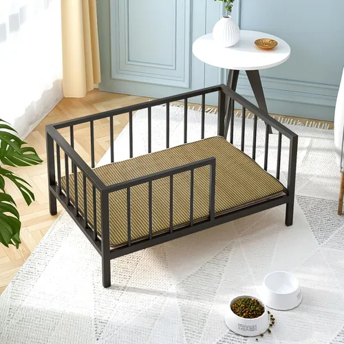 Miniatura 3 de OSCHF Cama para perros con rieles, marco de cama elevado de metal para mascotas con tablero de madera maciza y tapete suave lavable para perros Negro