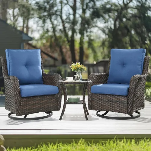 Miniatura 8 de HUMMUH Silla mecedora giratoria de ratán de 3 piezas para exteriores, juego de muebles de bistró de patio con cubierta, silla de mimbre acolchada