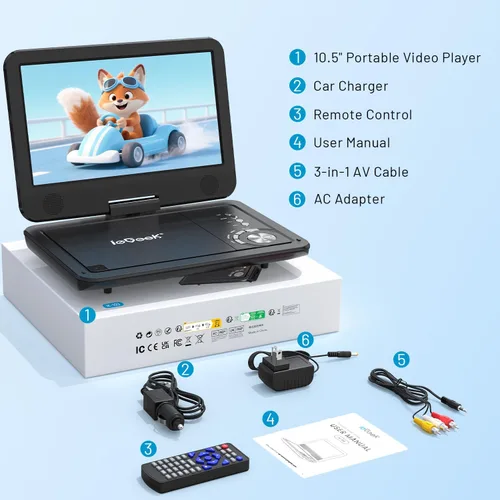 Miniatura 9 de ieGeek Reproductor de DVD portátil de 12.5", con pantalla giratoria HD de 10.5", reproductores de DVD para viajes en coche, batería recargable de 5