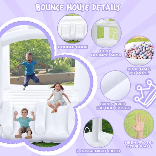 Miniatura 2 de FINCOME Casa inflable de rebote blanca, castillo inflable con doble tobogán de bolas de 370 W para niños pequeños, castillo inflable para interiores