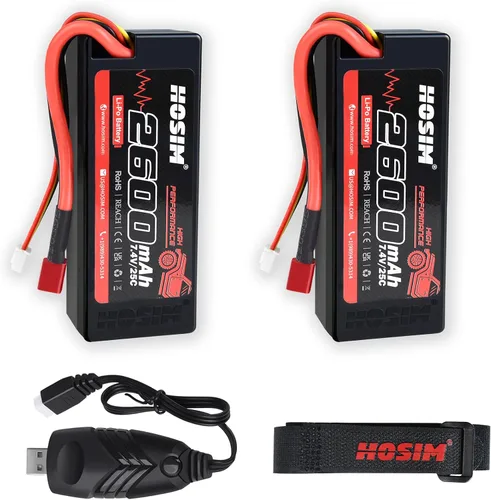 Hosim 2 unidades 2S 7.4V 2600mAh Lipo batería 25C con 1 cargador USB y 1 correa de batería RC Car Truck RC Vehículos Barco Batería para X08 X07 X07W
