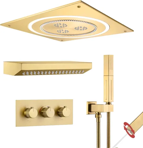 Miniatura 11 de VANFOXLE Juego de grifo de ducha dorado cepillado, grifo de ducha con 2 en 1 de mano, cabezal de ducha LED de 16 pulgadas, cabezal de ducha LED de 6