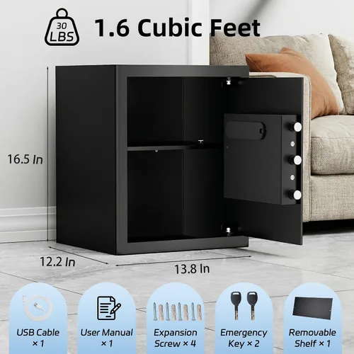 Miniatura 2 de Caja de seguridad biométrica para el hogar, seguridad de huellas dactilares de 1.6 pies cúbicos con teclado digital, llaves de emergencia, respaldo