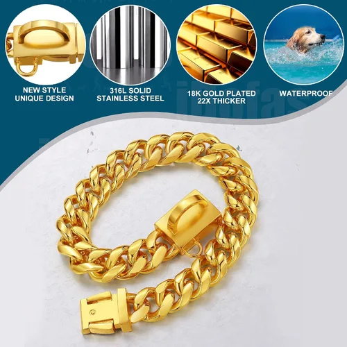 Miniatura 4 de Collar de cadena para perro, collar de perro de eslabones cubanos de oro de 0.551 in con hebilla a presión, collares de acero inoxidable chapado